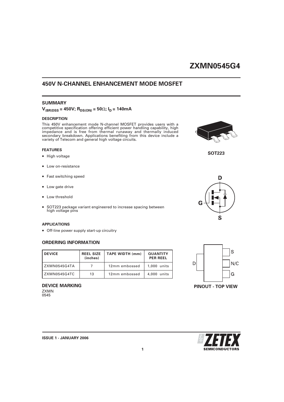 Diodes ZXMN0545G4 User Manual | 6 pages