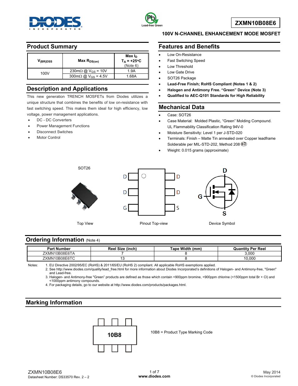 Diodes ZXMN10B08E6 User Manual | 7 pages
