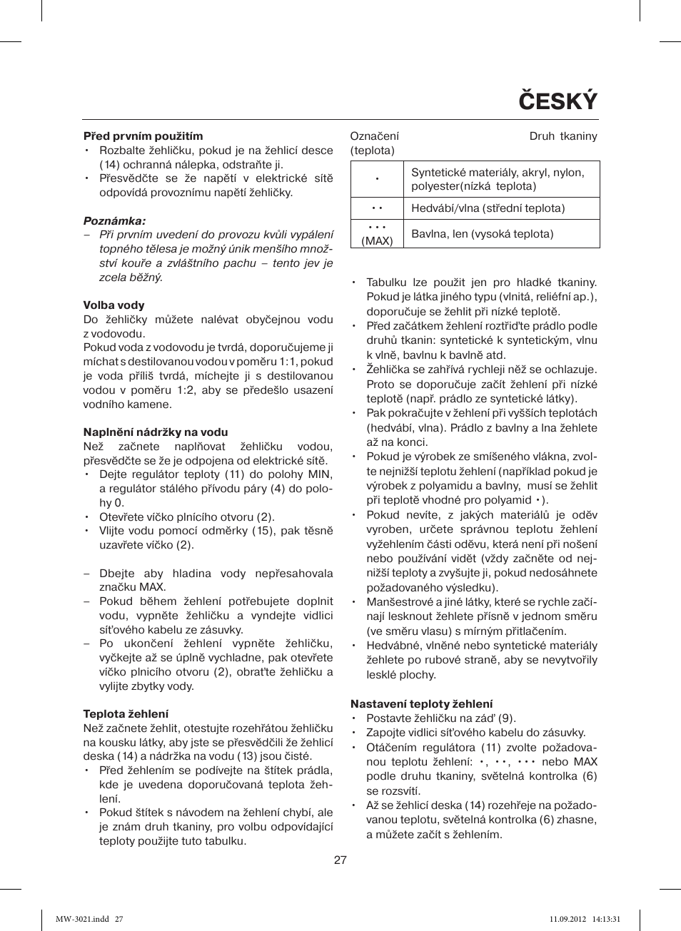 Český | MAXWELL MW-3021 VT User Manual | Page 27 / 44
