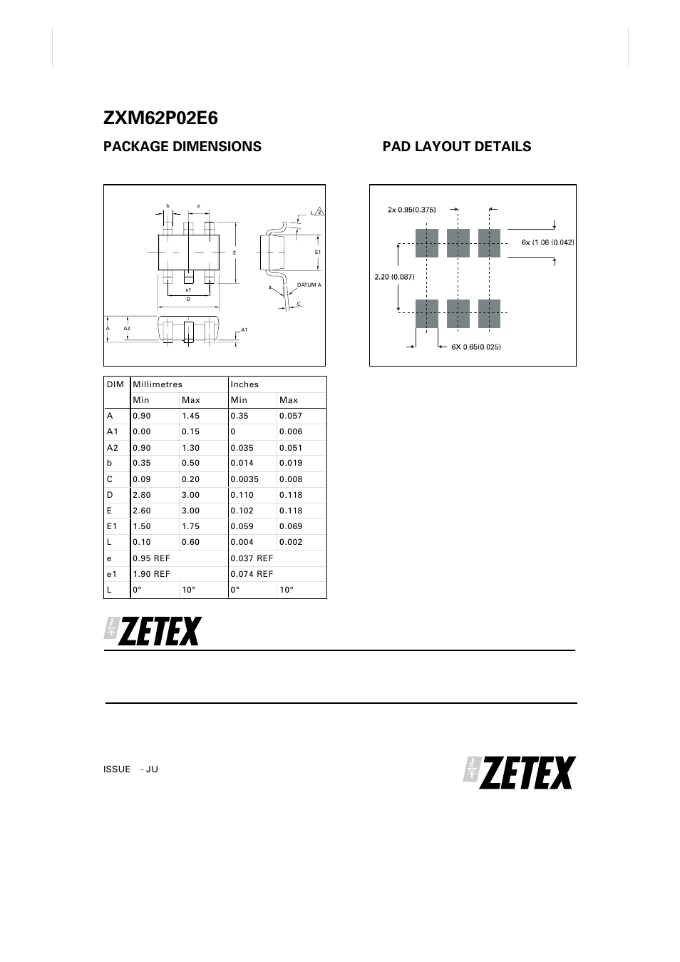 Package dimensions, Pad layout details | Diodes ZXM62P02E6 User Manual | Page 7 / 7