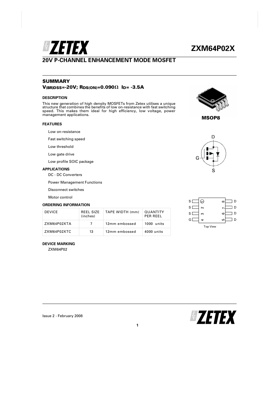 Diodes ZXM64P02X User Manual | 7 pages