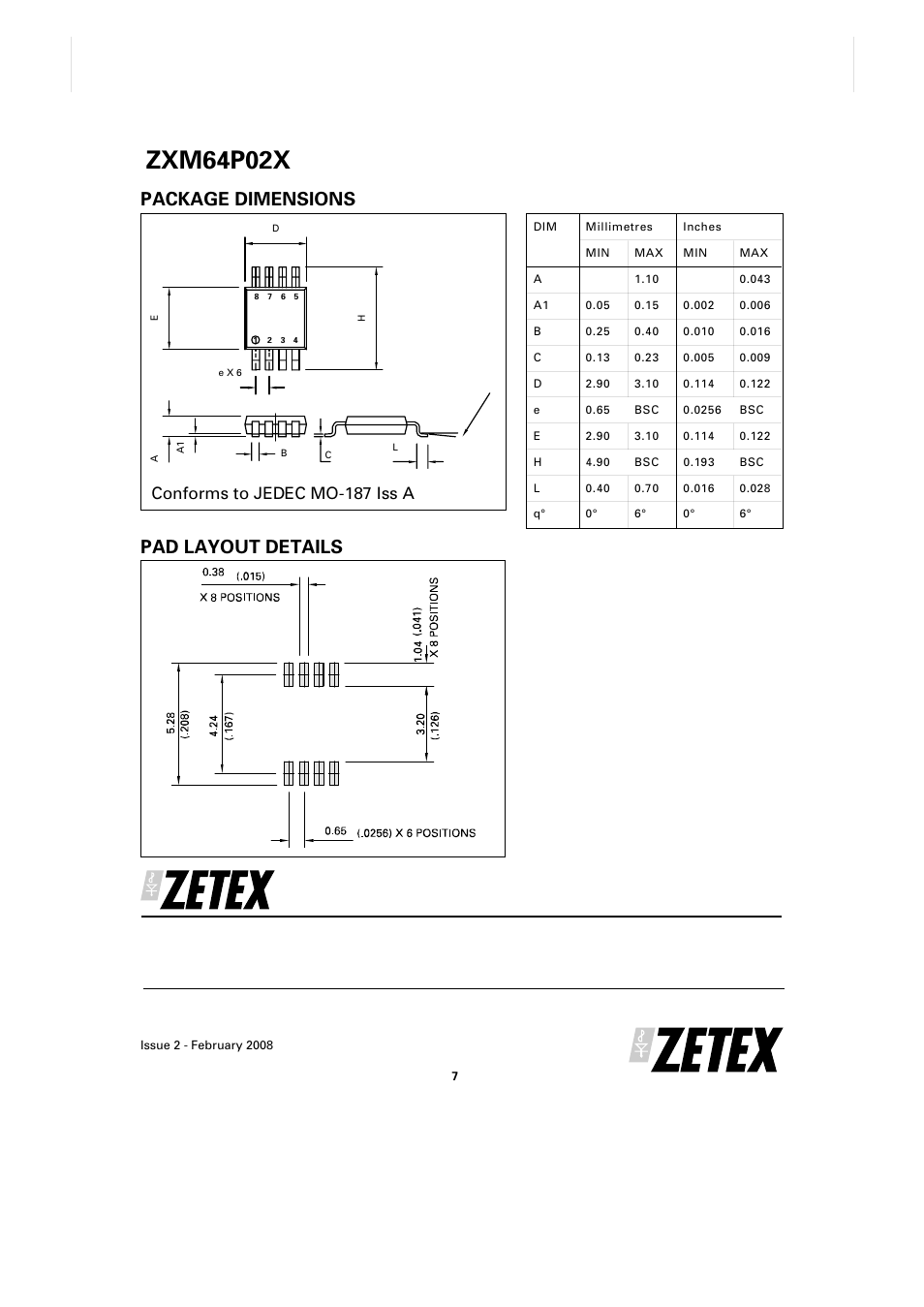 Zxm64p02x, Package dimensions pad layout details, Conforms to jedec mo-187 iss a | Diodes ZXM64P02X User Manual | Page 7 / 7
