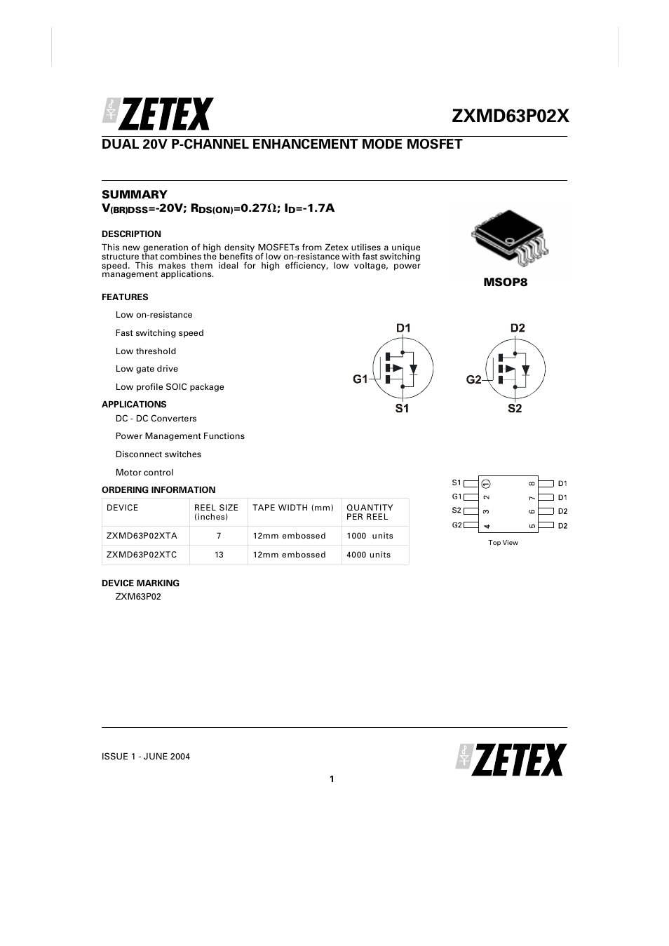 Diodes ZXMD63P02X User Manual | 7 pages