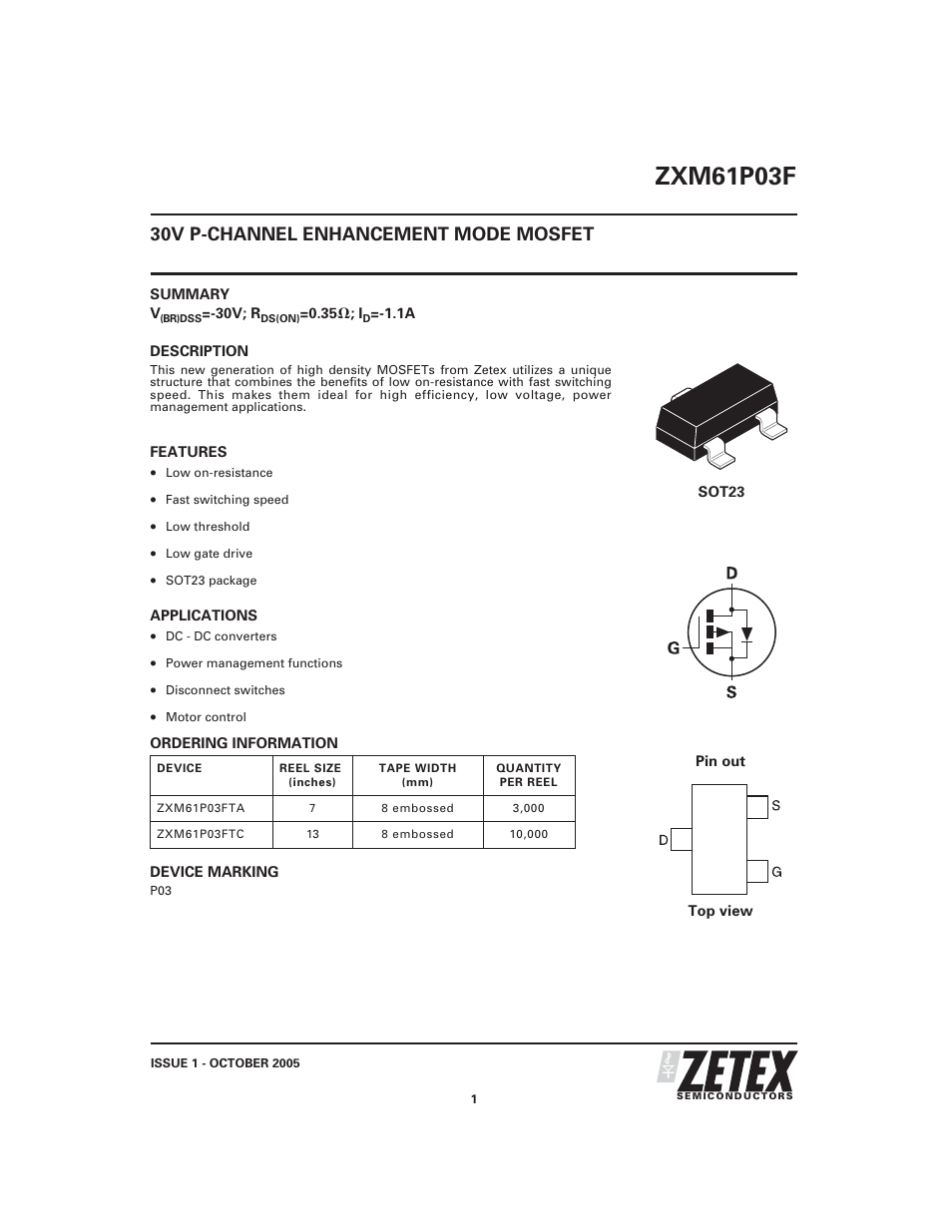 Diodes ZXM61P03F User Manual | 7 pages