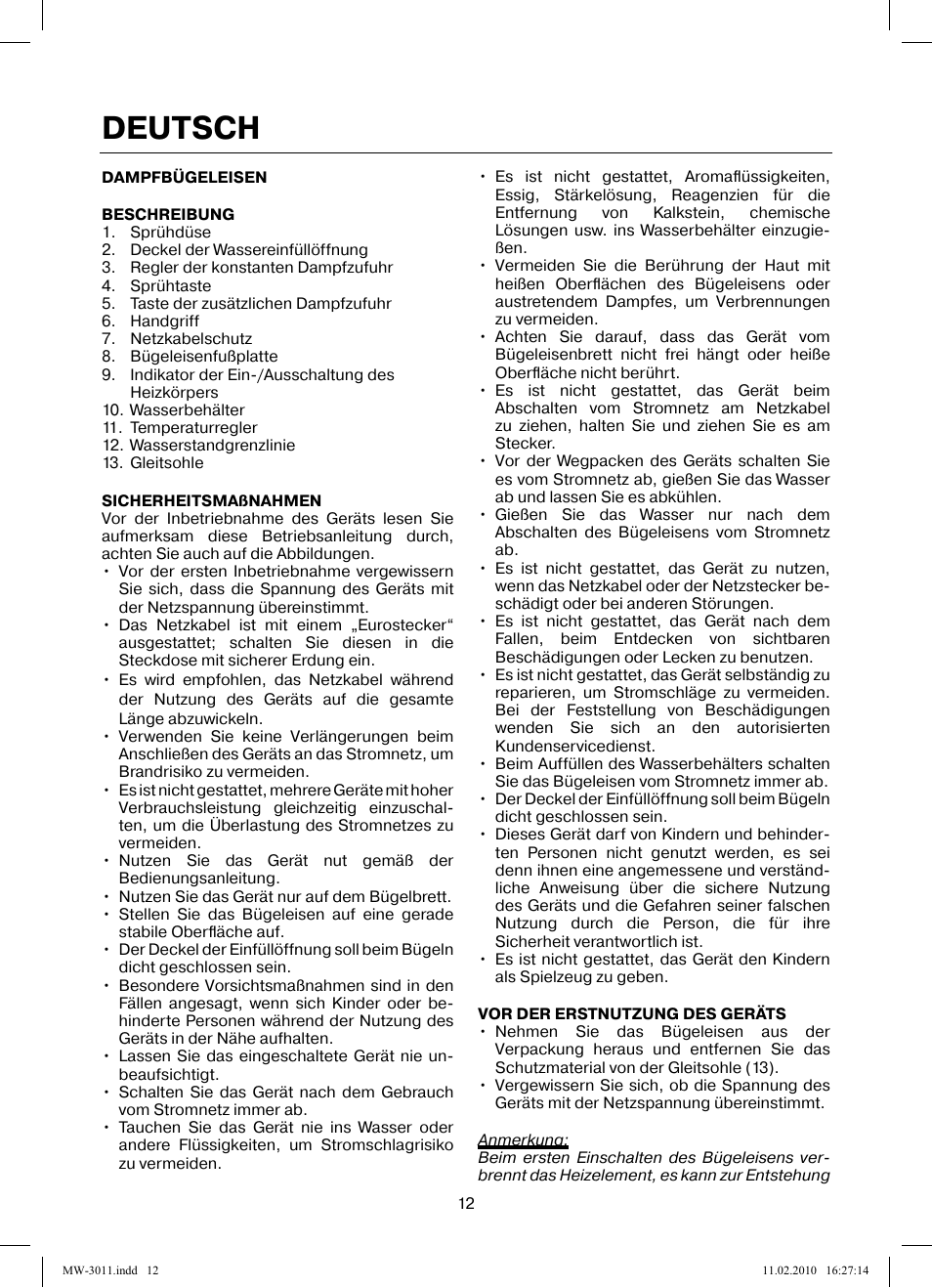 Deutsch | MAXWELL MW-3011 G User Manual | Page 12 / 44