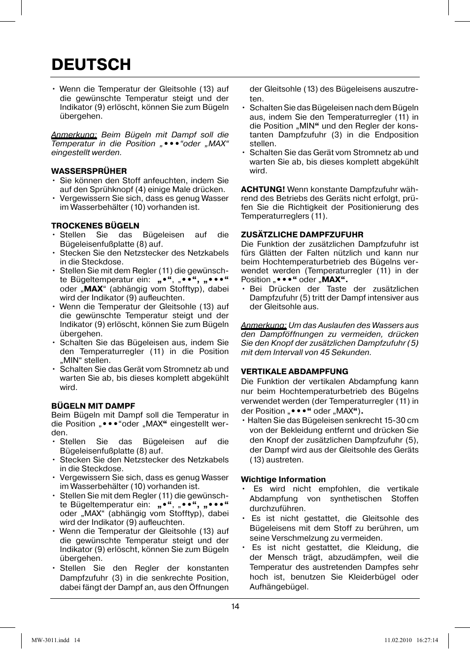 Deutsch | MAXWELL MW-3011 G User Manual | Page 14 / 44