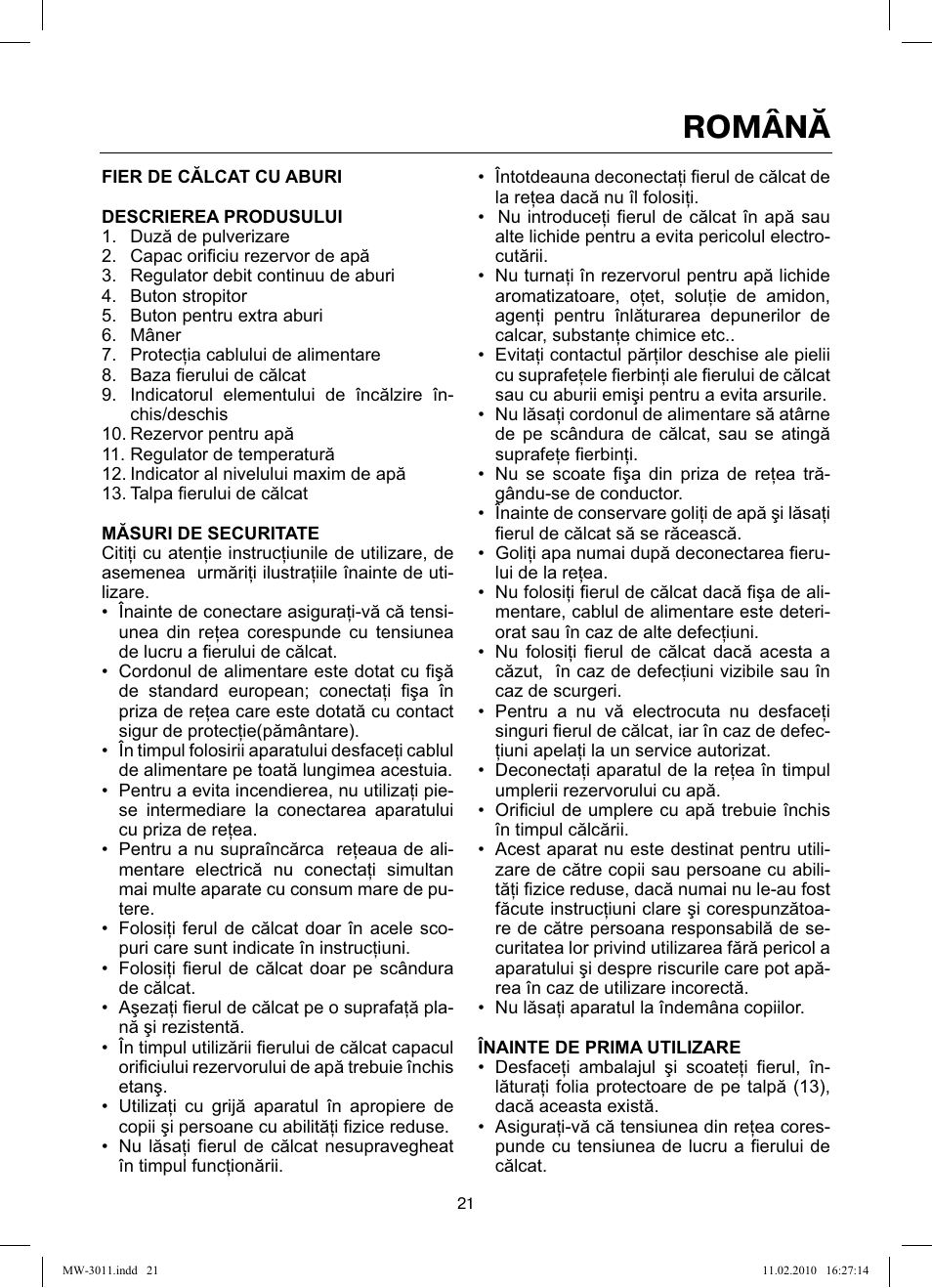 Română | MAXWELL MW-3011 G User Manual | Page 21 / 44