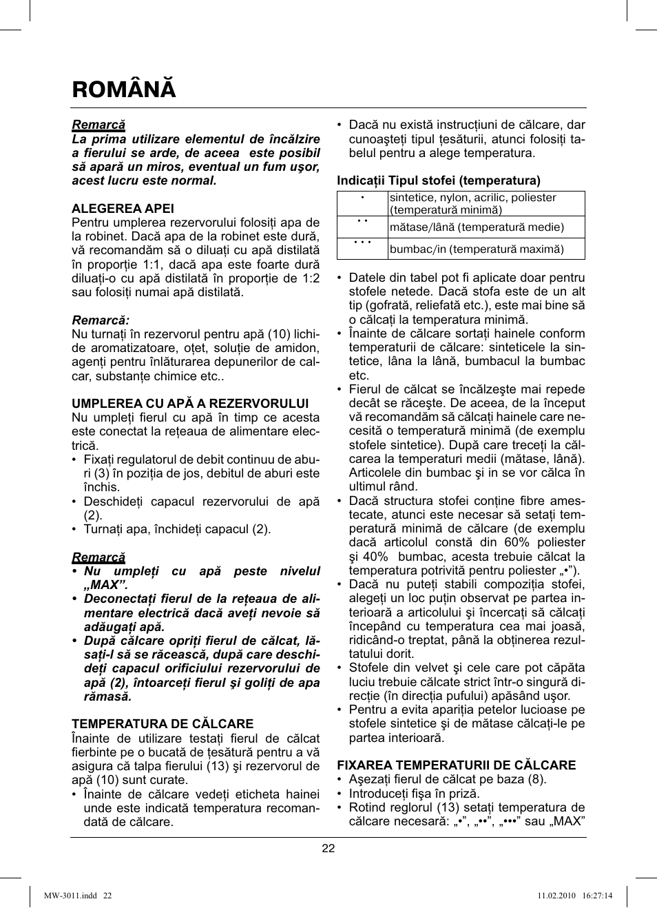 Română | MAXWELL MW-3011 G User Manual | Page 22 / 44