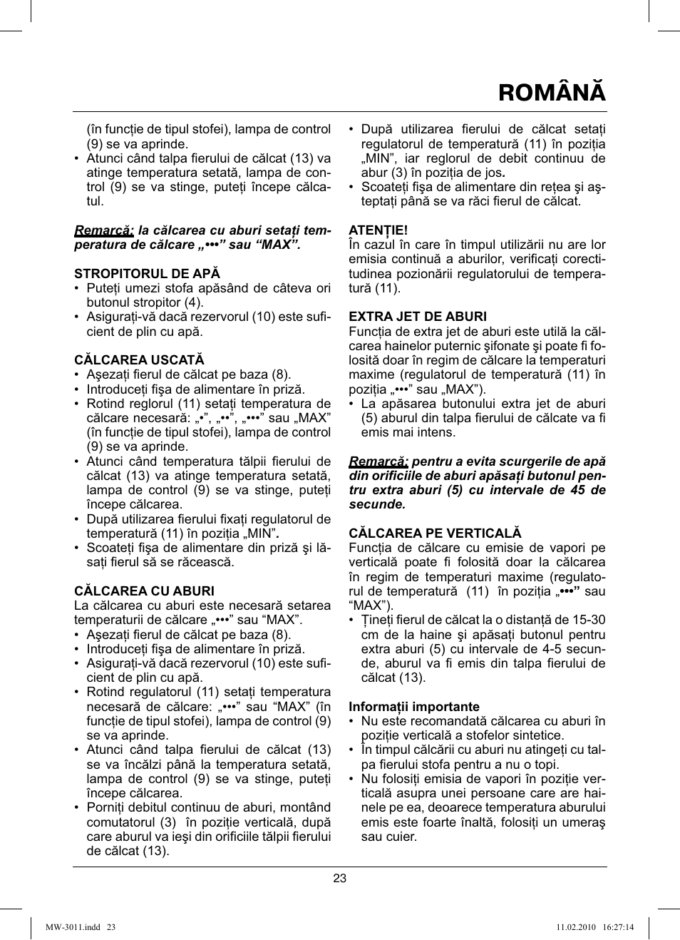 Română | MAXWELL MW-3011 G User Manual | Page 23 / 44