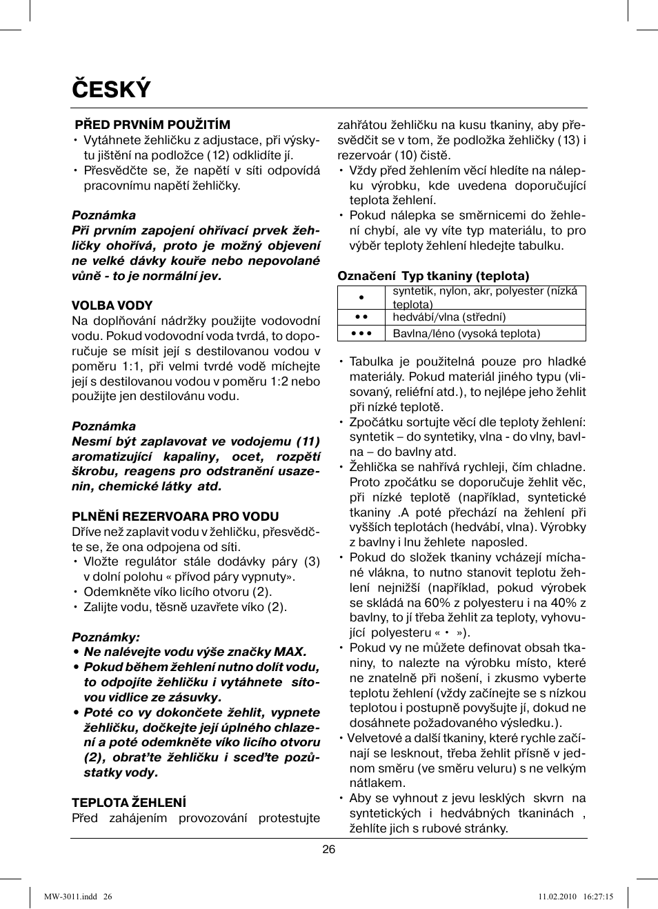 Český | MAXWELL MW-3011 G User Manual | Page 26 / 44