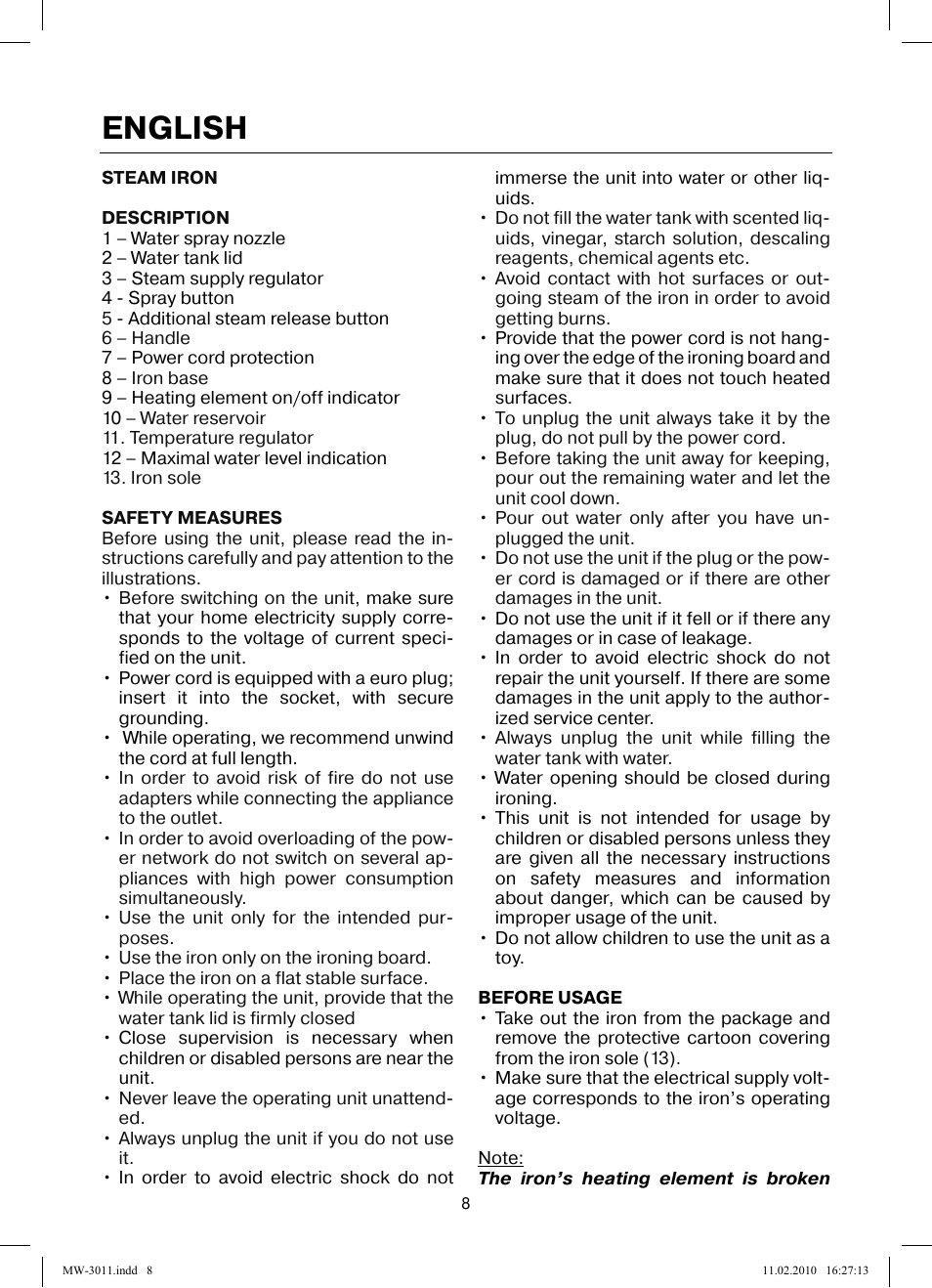 English | MAXWELL MW-3011 G User Manual | Page 8 / 44