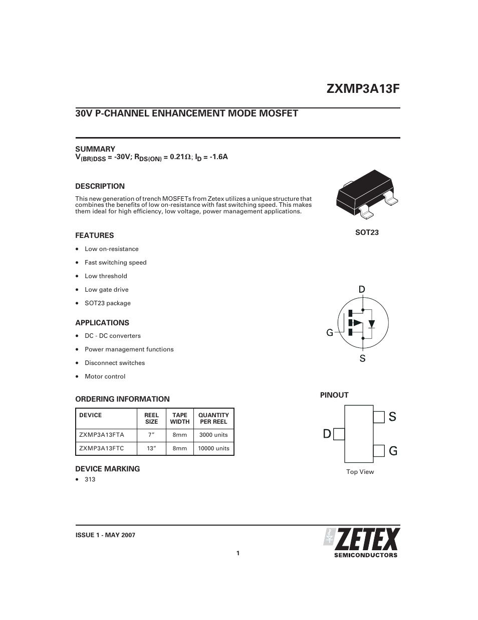 Diodes ZXMP3A13F User Manual | 8 pages