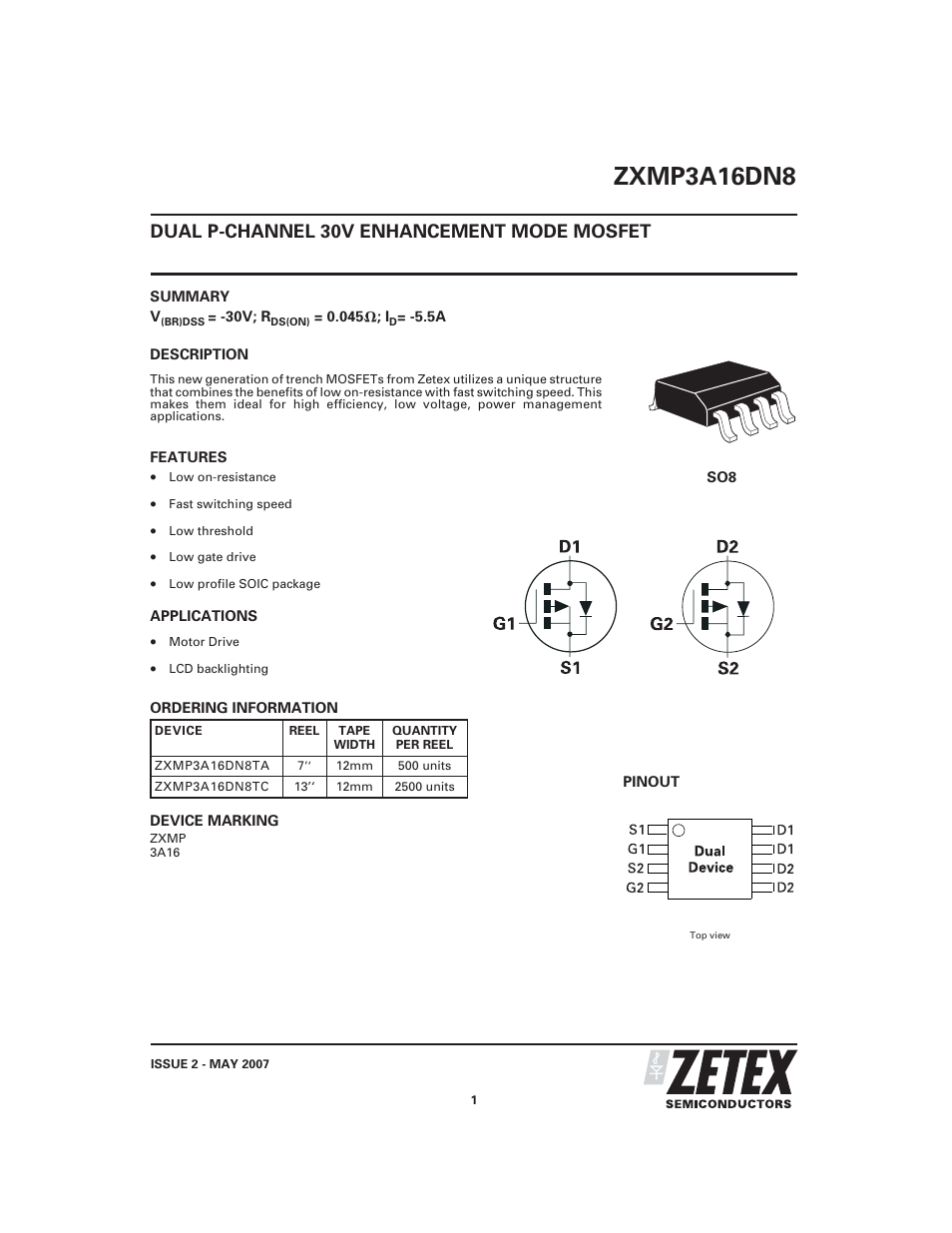 Diodes ZXMP3A16DN8 User Manual | 8 pages