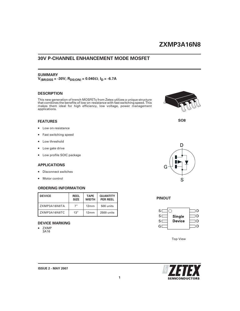 Diodes ZXMP3A16N8 User Manual | 8 pages