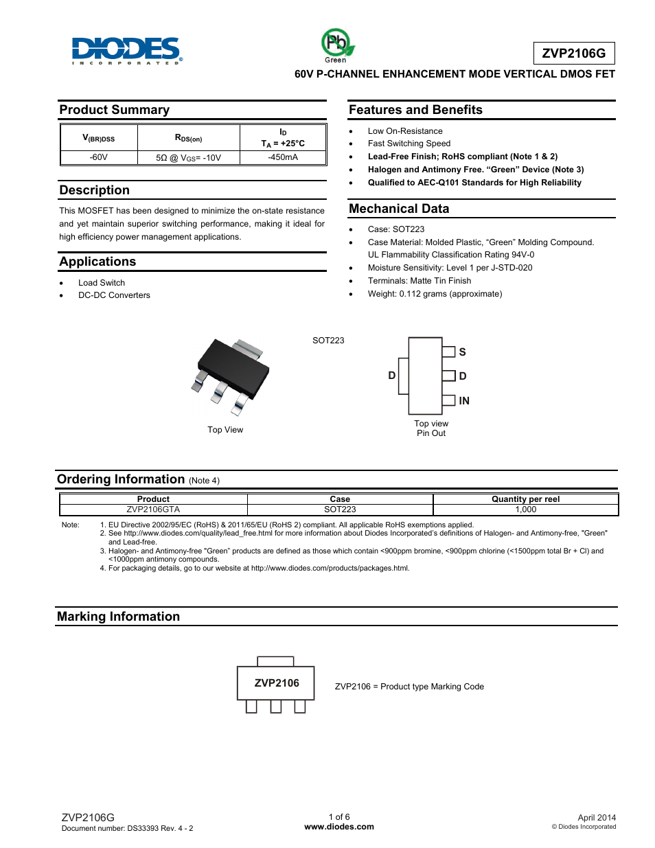 Diodes ZVP2106G User Manual | 6 pages