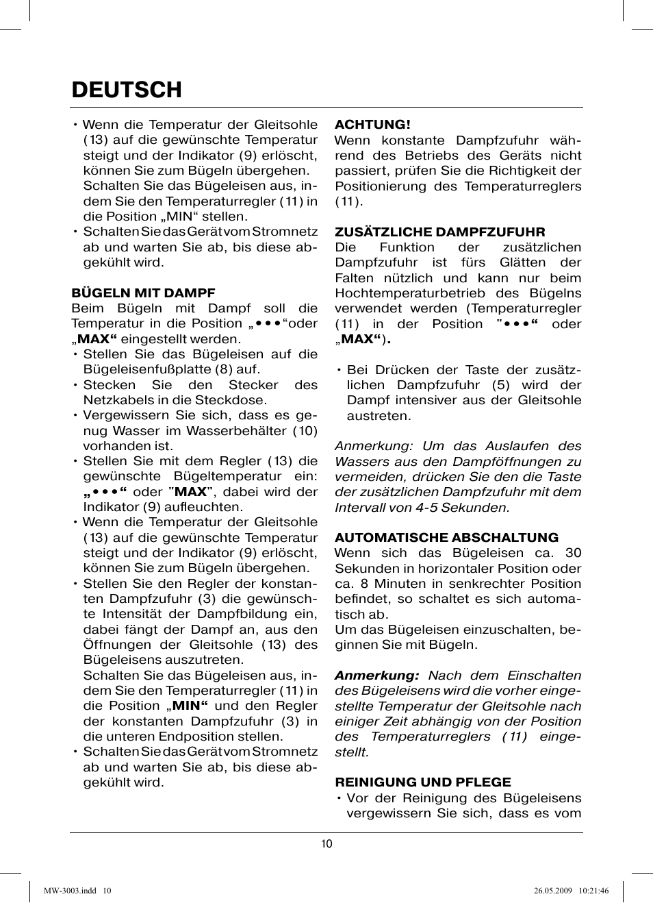 Deutsch | MAXWELL MW-3003 VT User Manual | Page 10 / 44