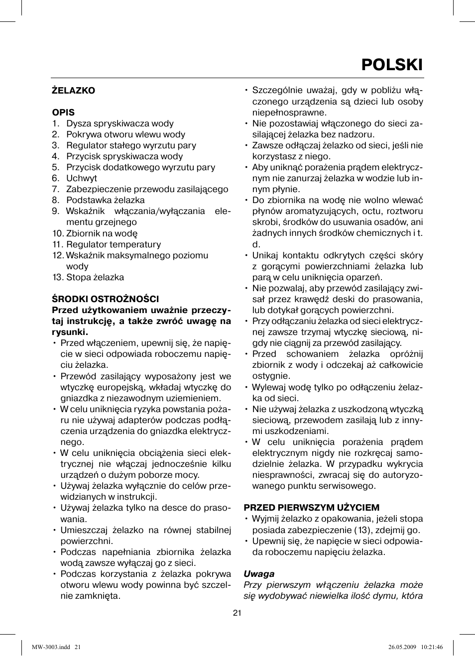 Polski | MAXWELL MW-3003 VT User Manual | Page 21 / 44