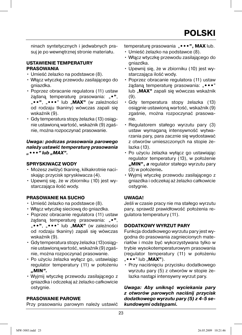 Polski | MAXWELL MW-3003 VT User Manual | Page 23 / 44