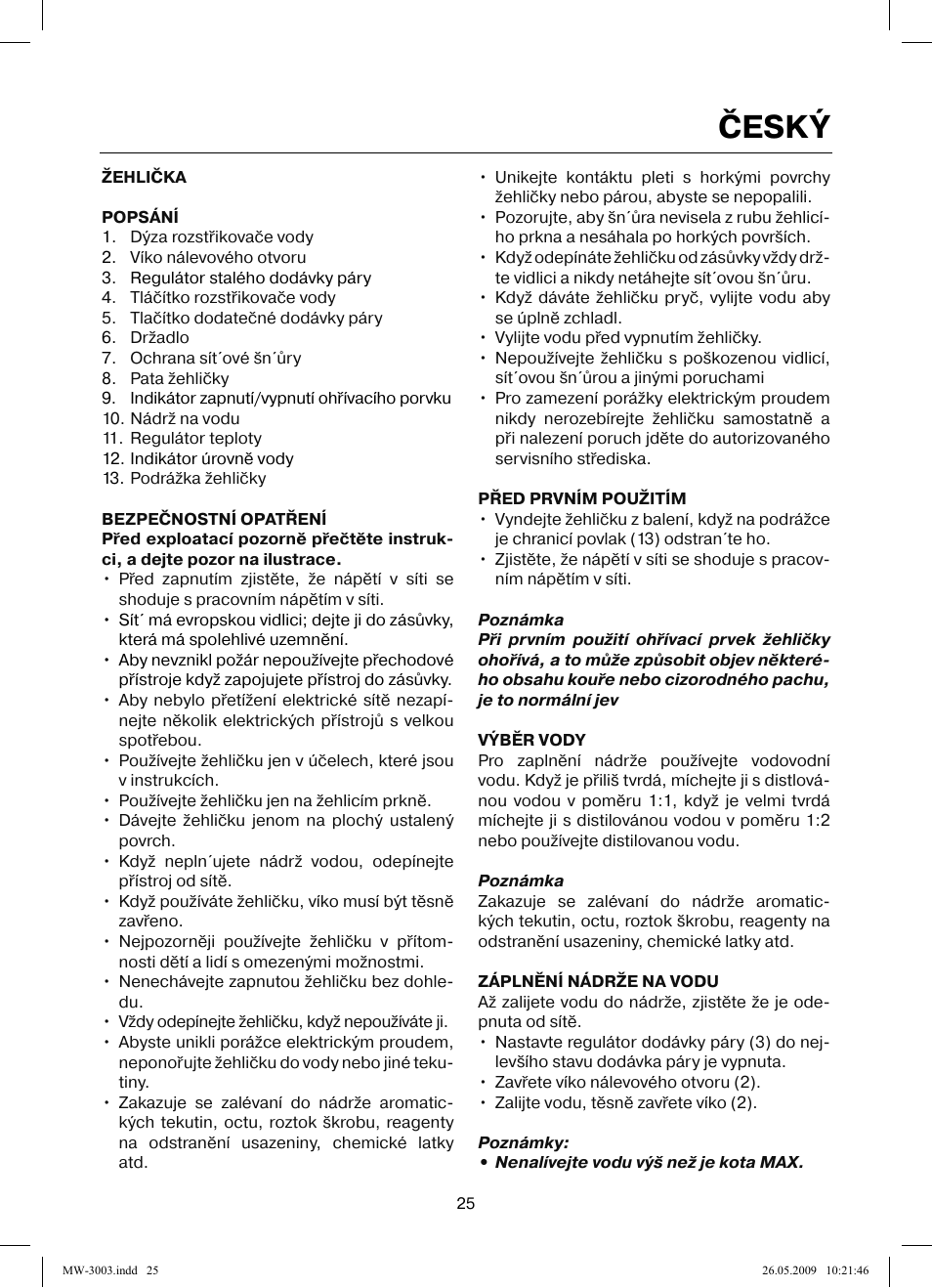 Český | MAXWELL MW-3003 VT User Manual | Page 25 / 44