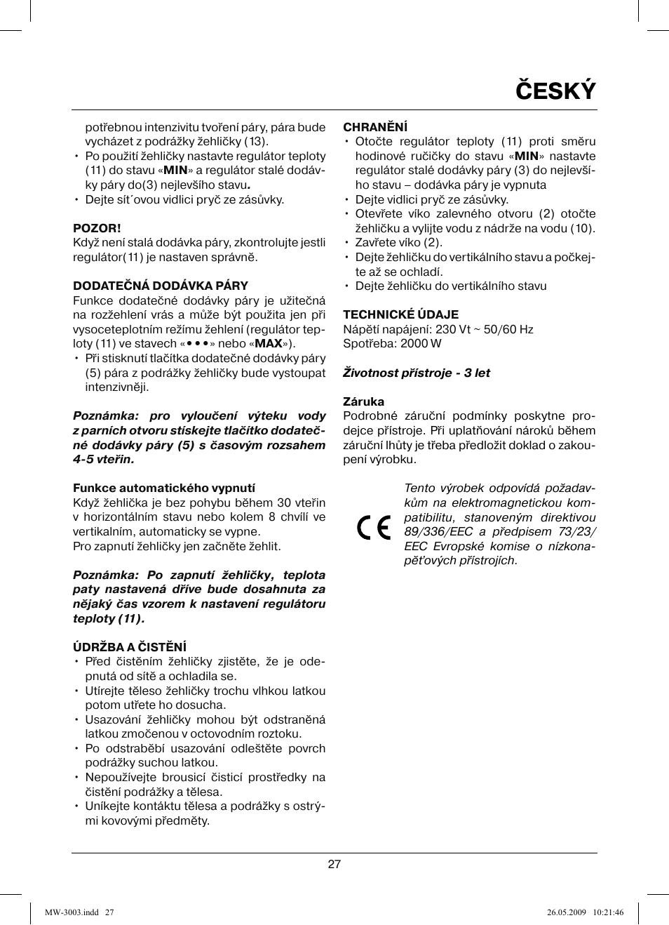Český | MAXWELL MW-3003 VT User Manual | Page 27 / 44