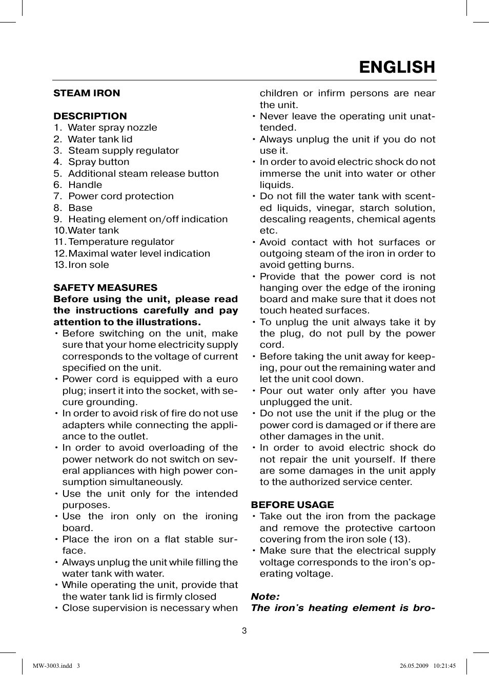 English | MAXWELL MW-3003 VT User Manual | Page 3 / 44