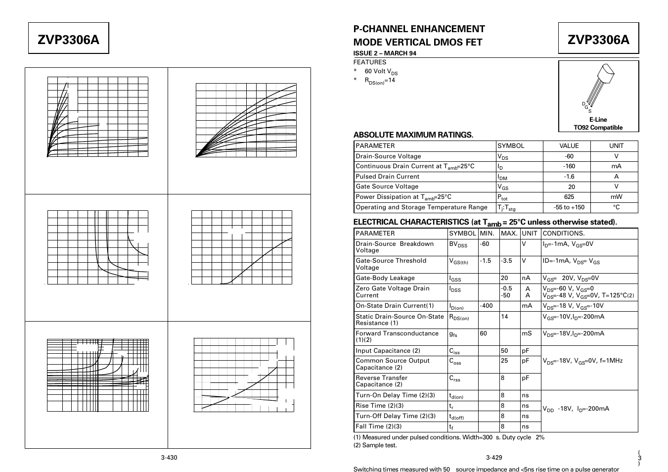 Zvp3306a, P-channel enhancement mode vertical dmos fet, Typical characteristics | Absolute maximum ratings, Electrical characteristics (at t, 25°c unless otherwise stated) | Diodes ZVP3306A User Manual | Page 2 / 3