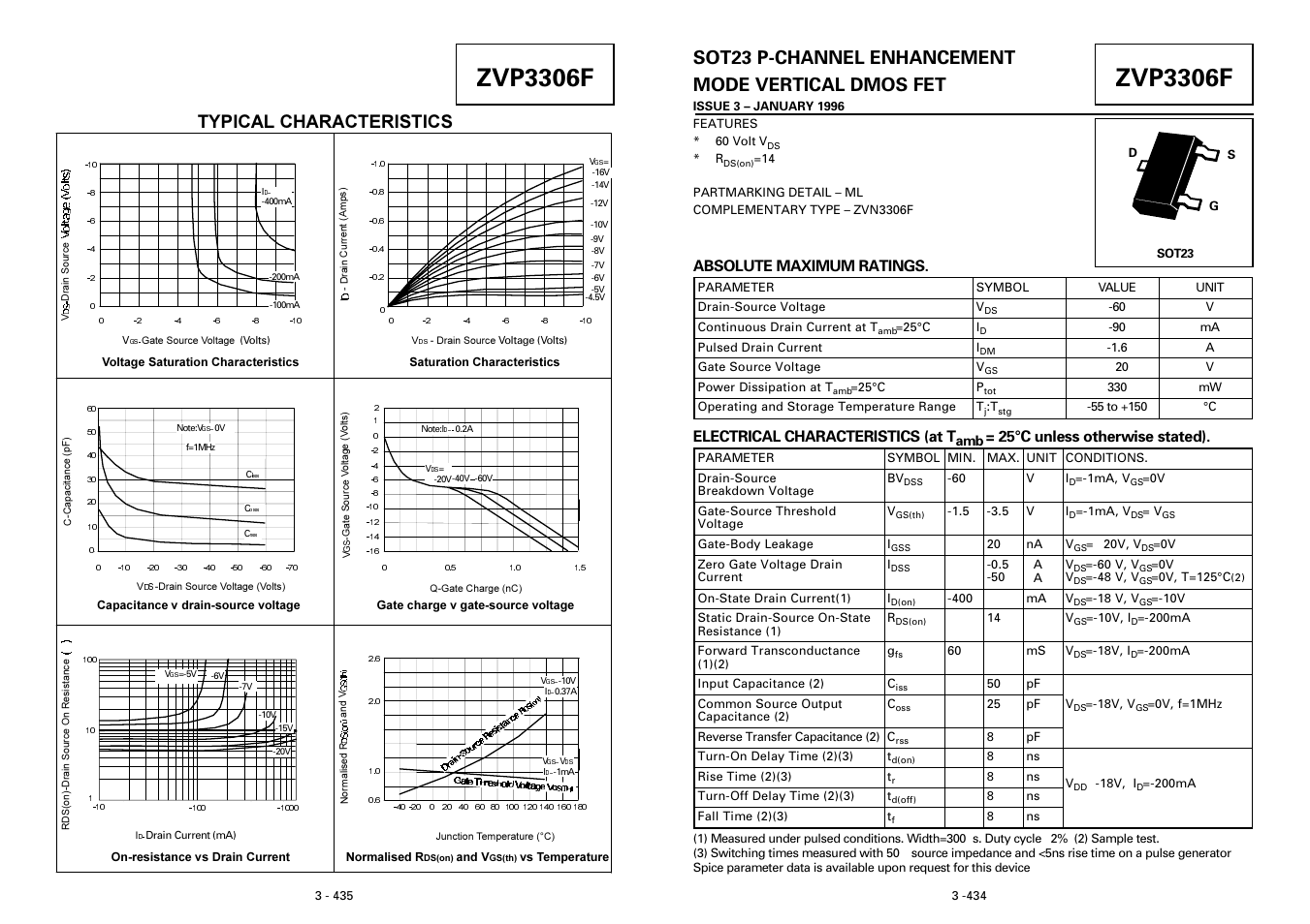 Zvp3306f, Sot23 p-channel enhancement mode vertical dmos fet, Typical characteristics | Absolute maximum ratings, Electrical characteristics (at t, 25°c unless otherwise stated) | Diodes ZVP3306F User Manual | Page 2 / 2