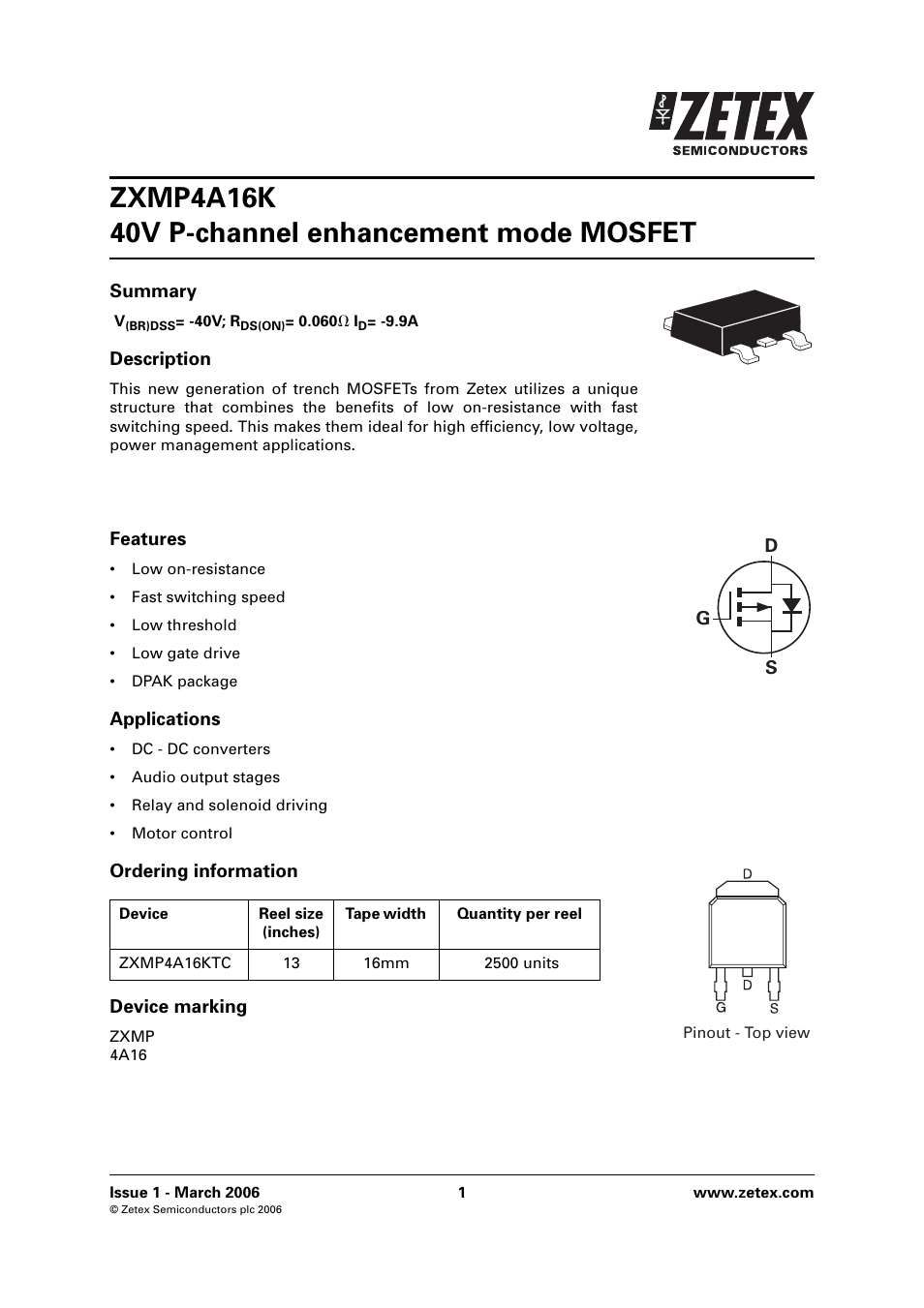 Diodes ZXMP4A16K User Manual | 8 pages