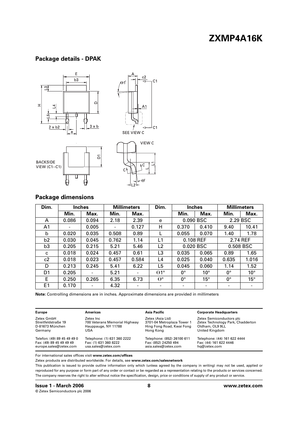 Zxmp4a16k, Package details - dpak package dimensions | Diodes ZXMP4A16K User Manual | Page 8 / 8