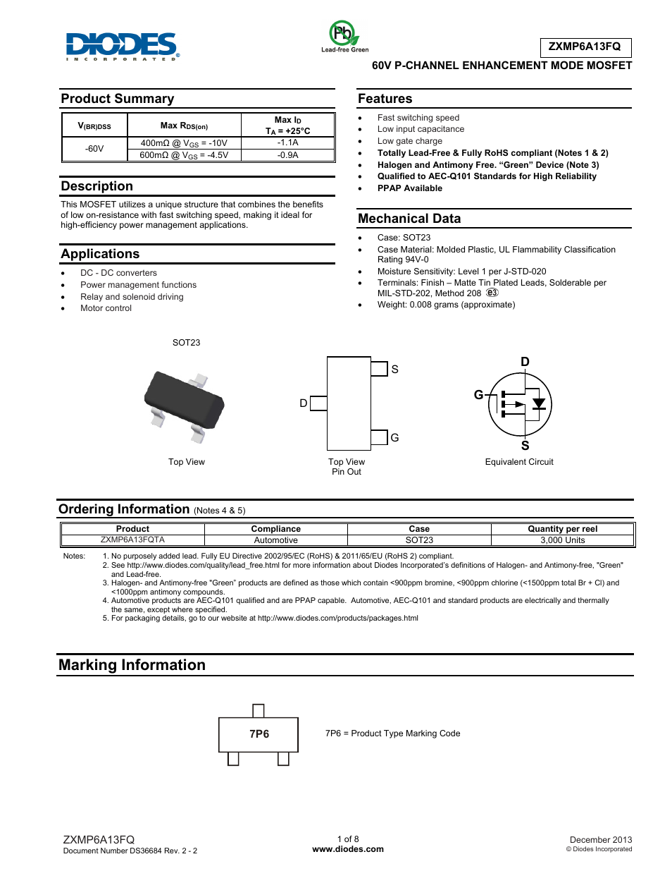 Diodes ZXMP6A13FQ User Manual | 8 pages