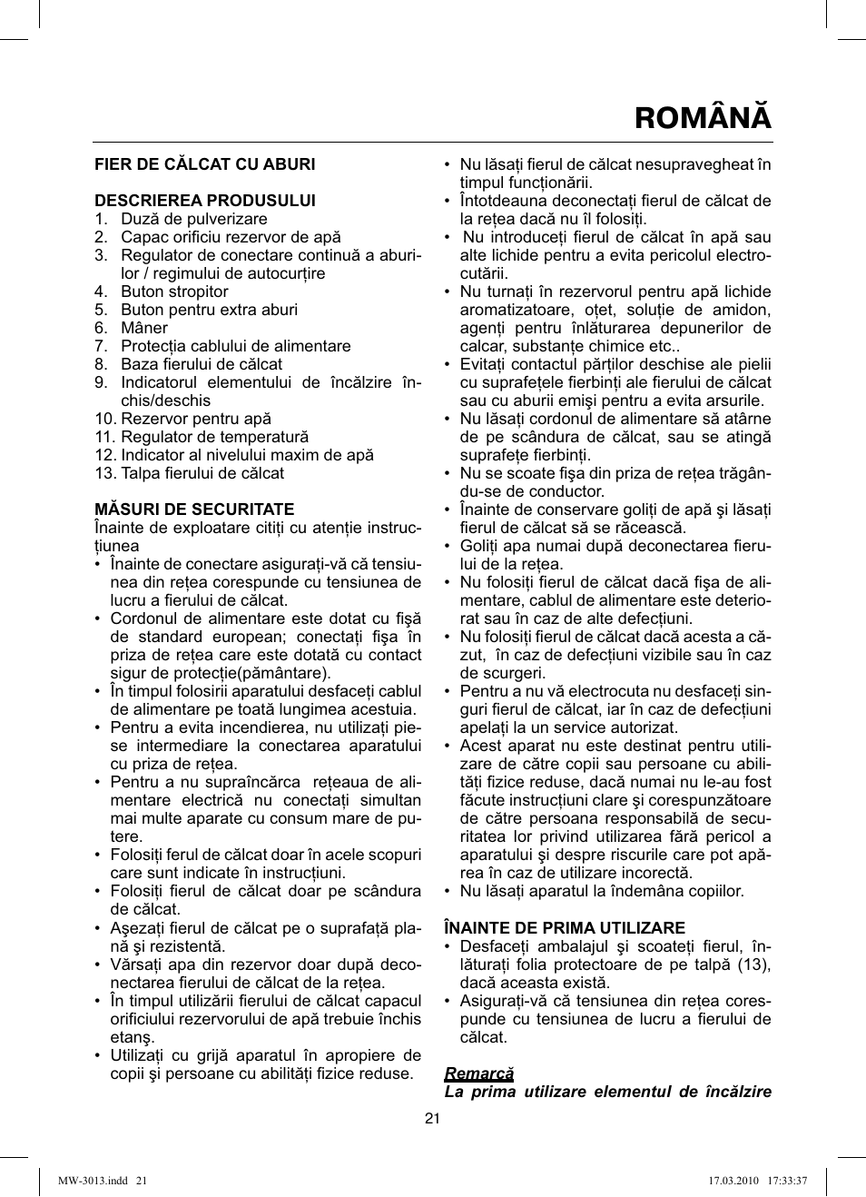 Română | MAXWELL MW-3013 OG User Manual | Page 21 / 44