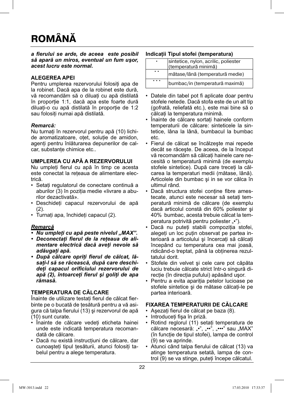 Română | MAXWELL MW-3013 OG User Manual | Page 22 / 44