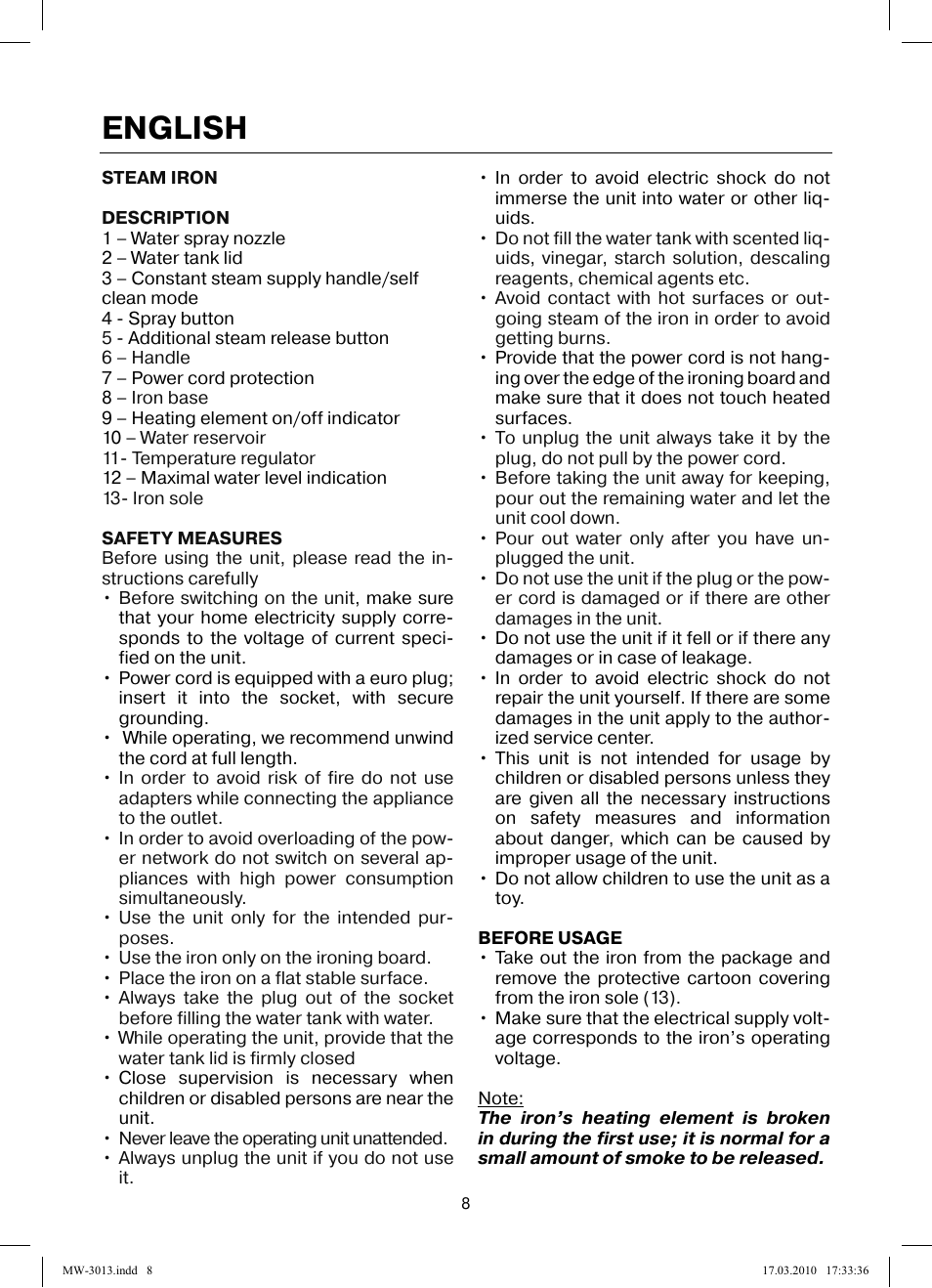 English | MAXWELL MW-3013 OG User Manual | Page 8 / 44