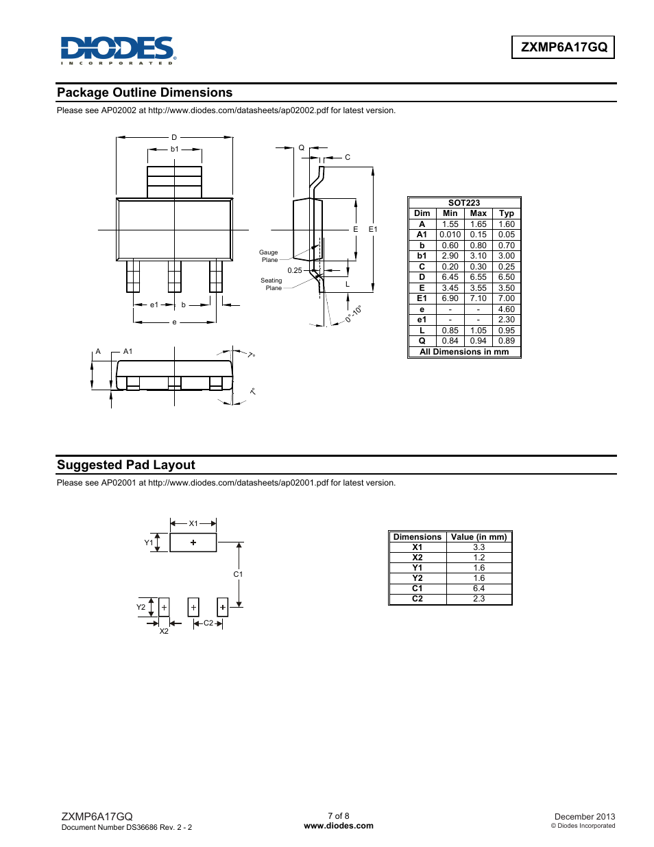 Package outline dimensions, Suggested pad layout | Diodes ZXMP6A17GQ User Manual | Page 7 / 8