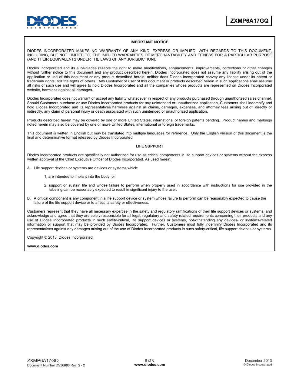 Diodes ZXMP6A17GQ User Manual | Page 8 / 8
