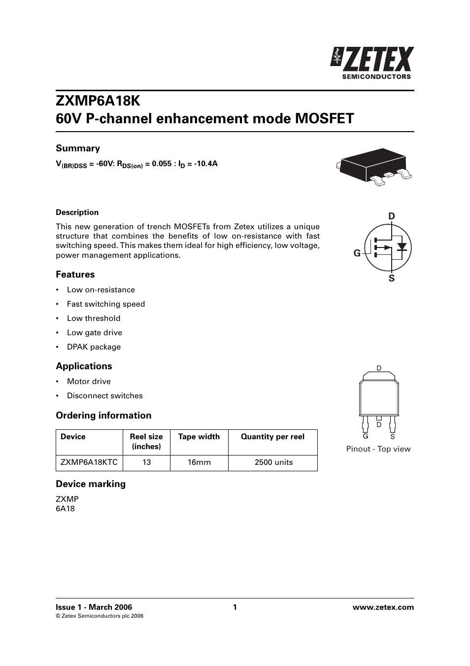 Diodes ZXMP6A18K User Manual | 8 pages