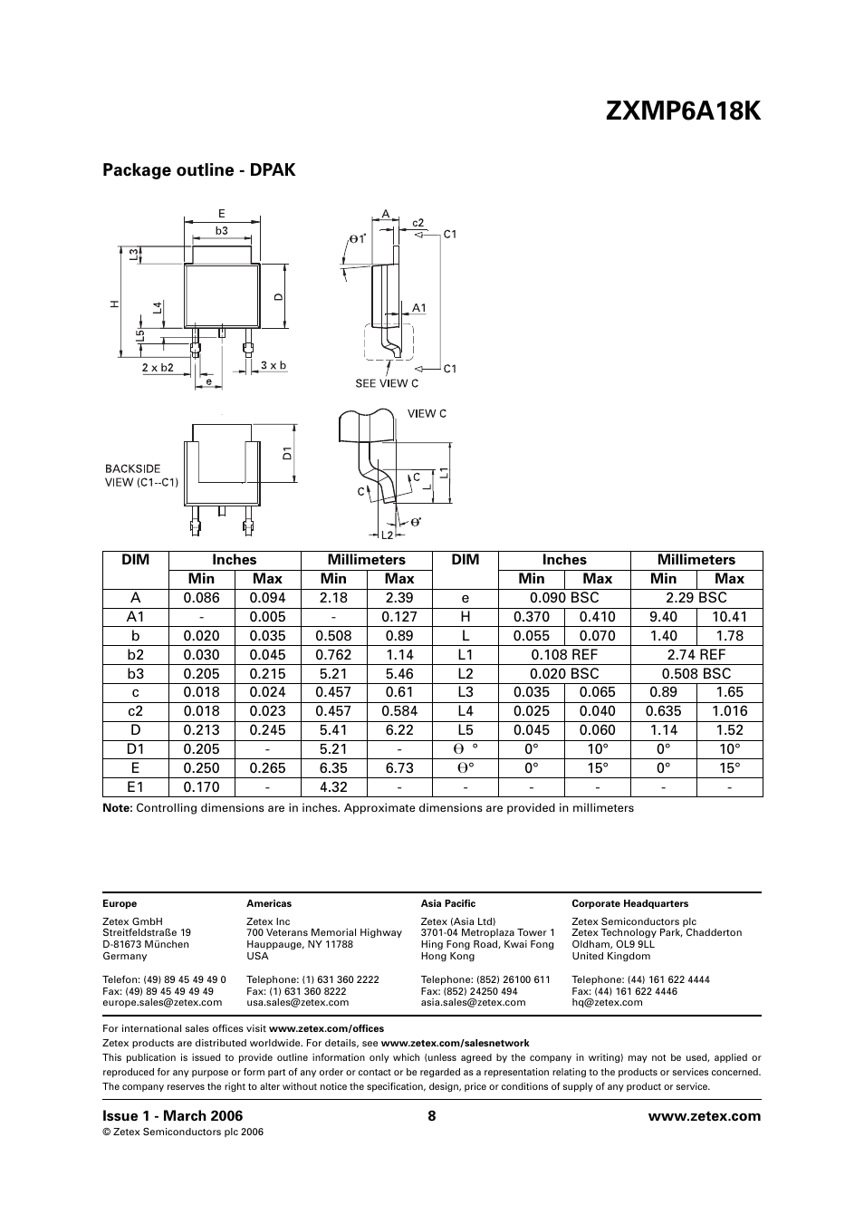 Zxmp6a18k, Package outline - dpak | Diodes ZXMP6A18K User Manual | Page 8 / 8