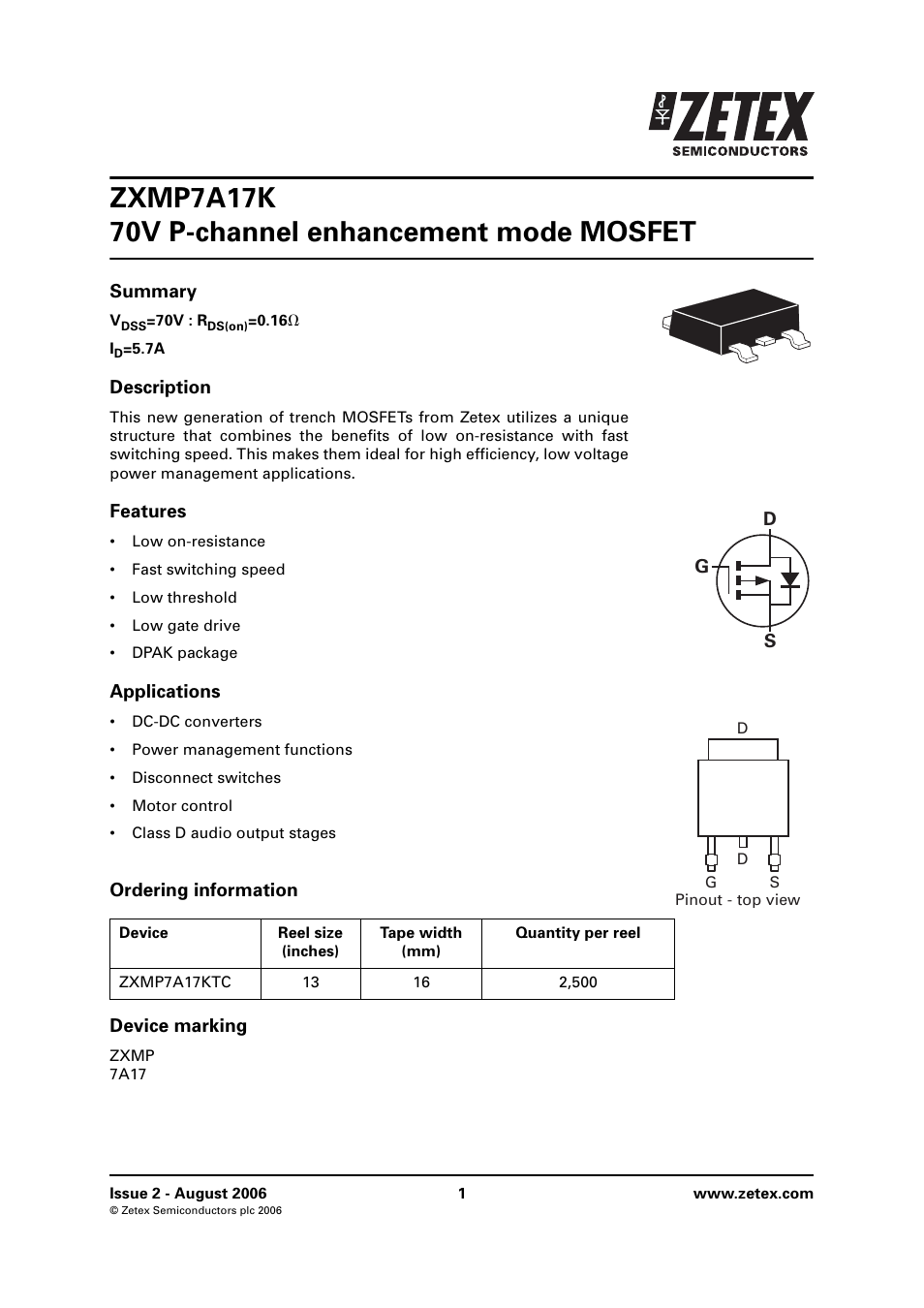 Diodes ZXMP7A17K User Manual | 8 pages