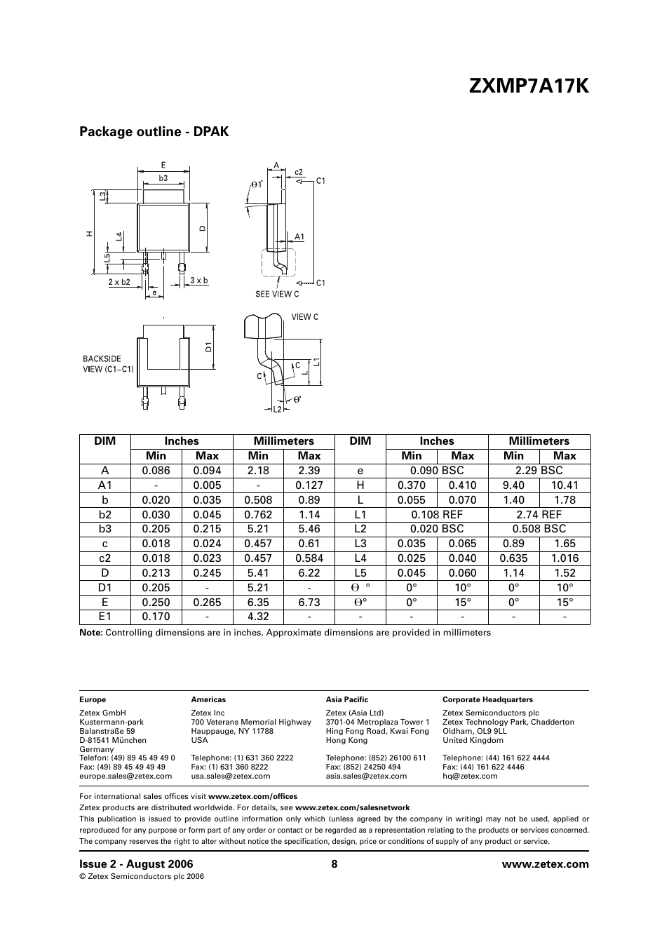 Package outline - dpak, Zxmp7a17k | Diodes ZXMP7A17K User Manual | Page 8 / 8