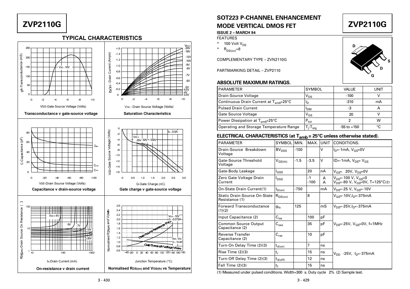 Zvp2110g, Typical characteristics, Absolute maximum ratings | Electrical characteristics (at t, 25°c unless otherwise stated) | Diodes ZVP2110G User Manual | Page 2 / 2