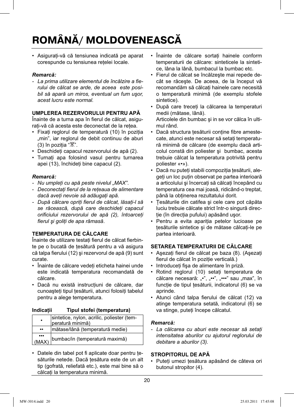 Română/ moldovenească | MAXWELL MW-3014 B User Manual | Page 20 / 40