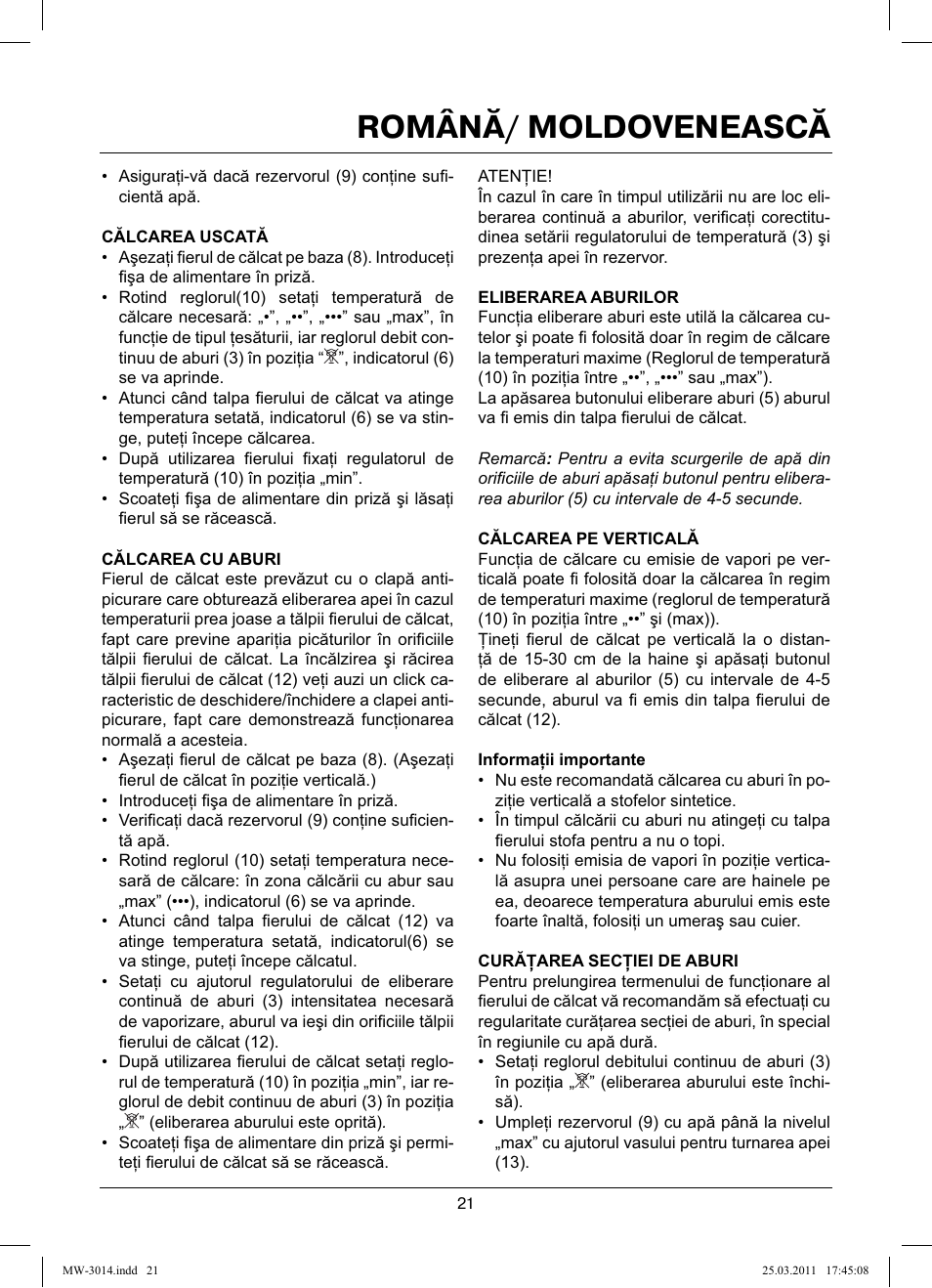 Română/ moldovenească | MAXWELL MW-3014 B User Manual | Page 21 / 40