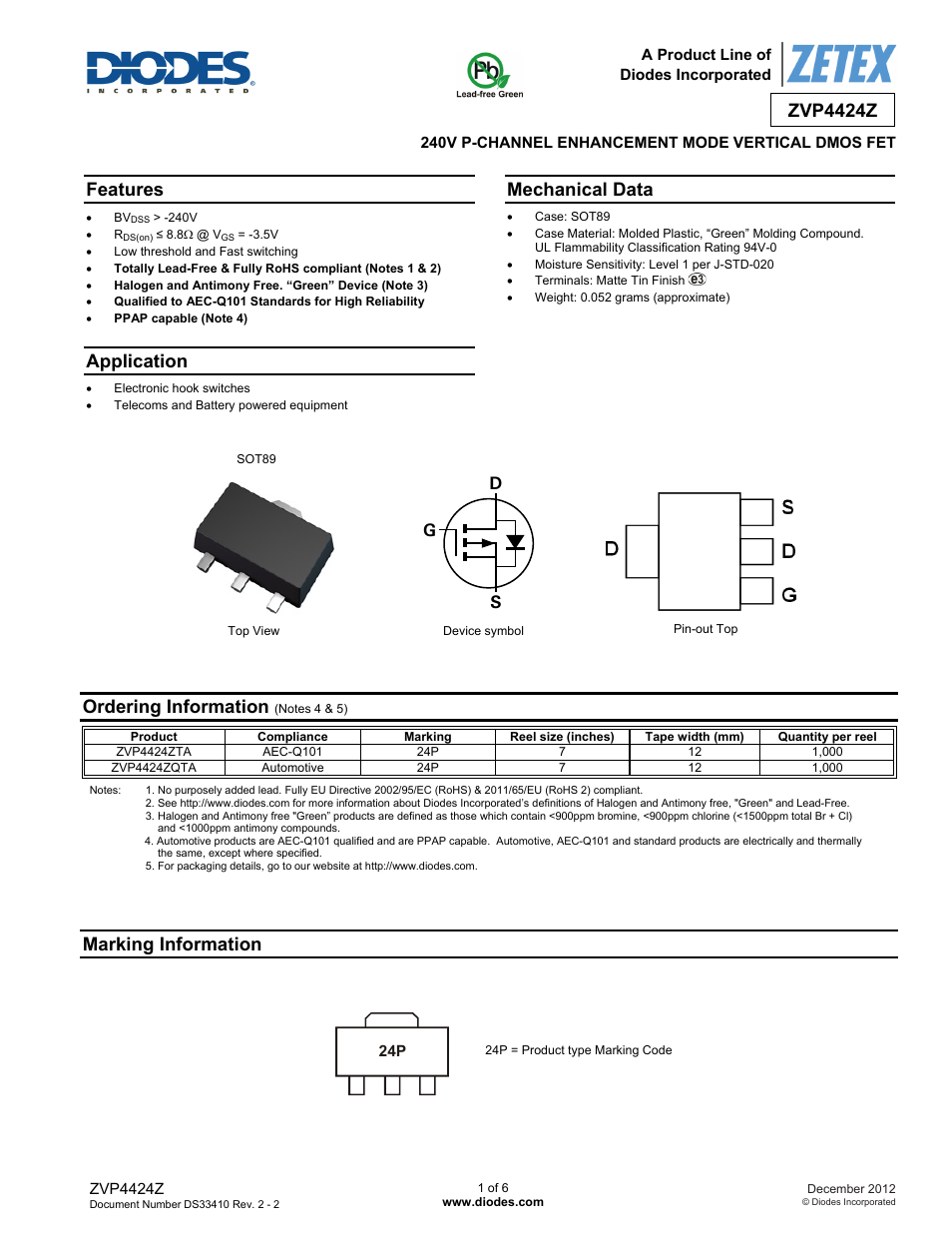 Diodes ZVP4424Z User Manual | 6 pages