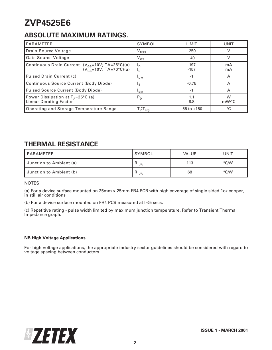 Absolute maximum ratings, Thermal resistance | Diodes ZVP4525E6 User Manual | Page 2 / 8