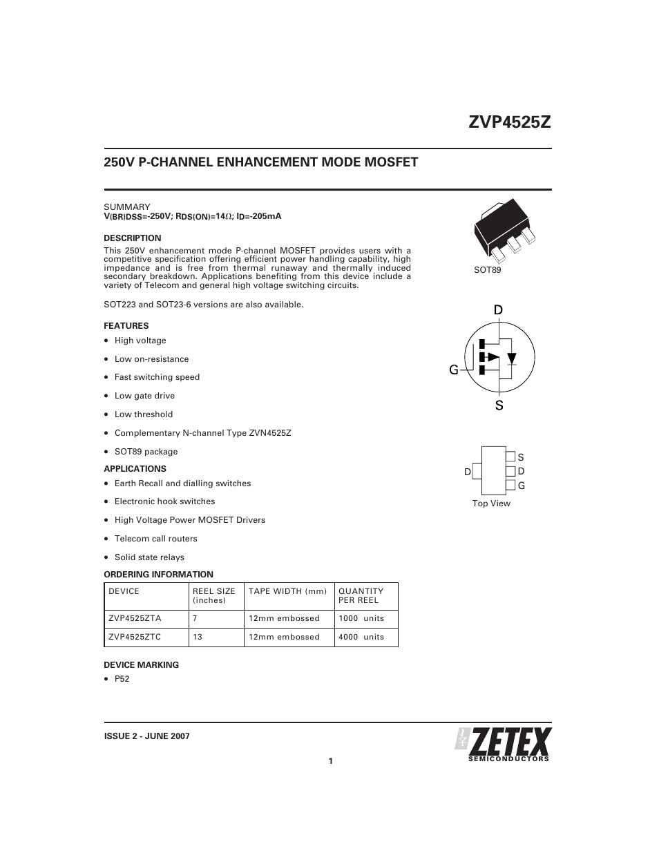 Diodes ZVP4525Z User Manual | 9 pages
