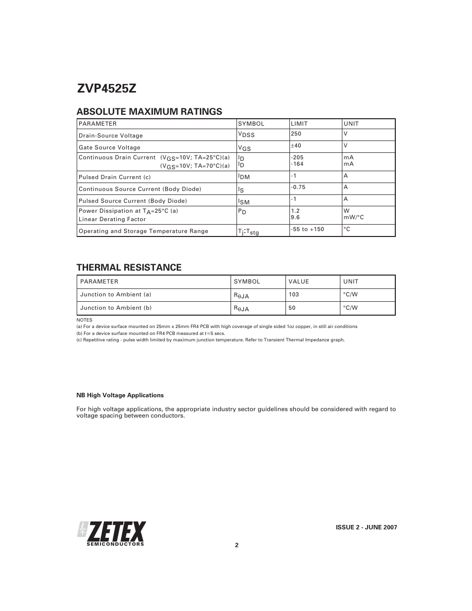 Zvp4525z, Thermal resistance, Absolute maximum ratings | Diodes ZVP4525Z User Manual | Page 2 / 9