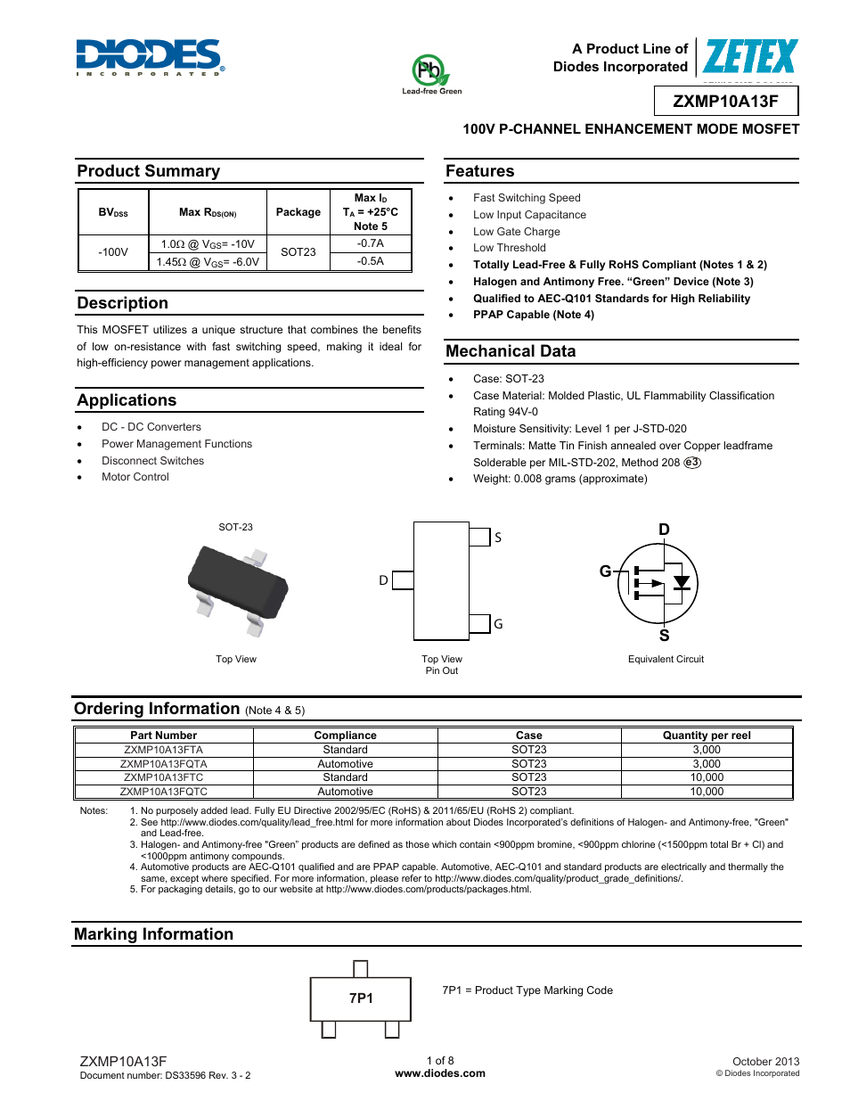 Diodes ZXMP10A13F User Manual | 8 pages