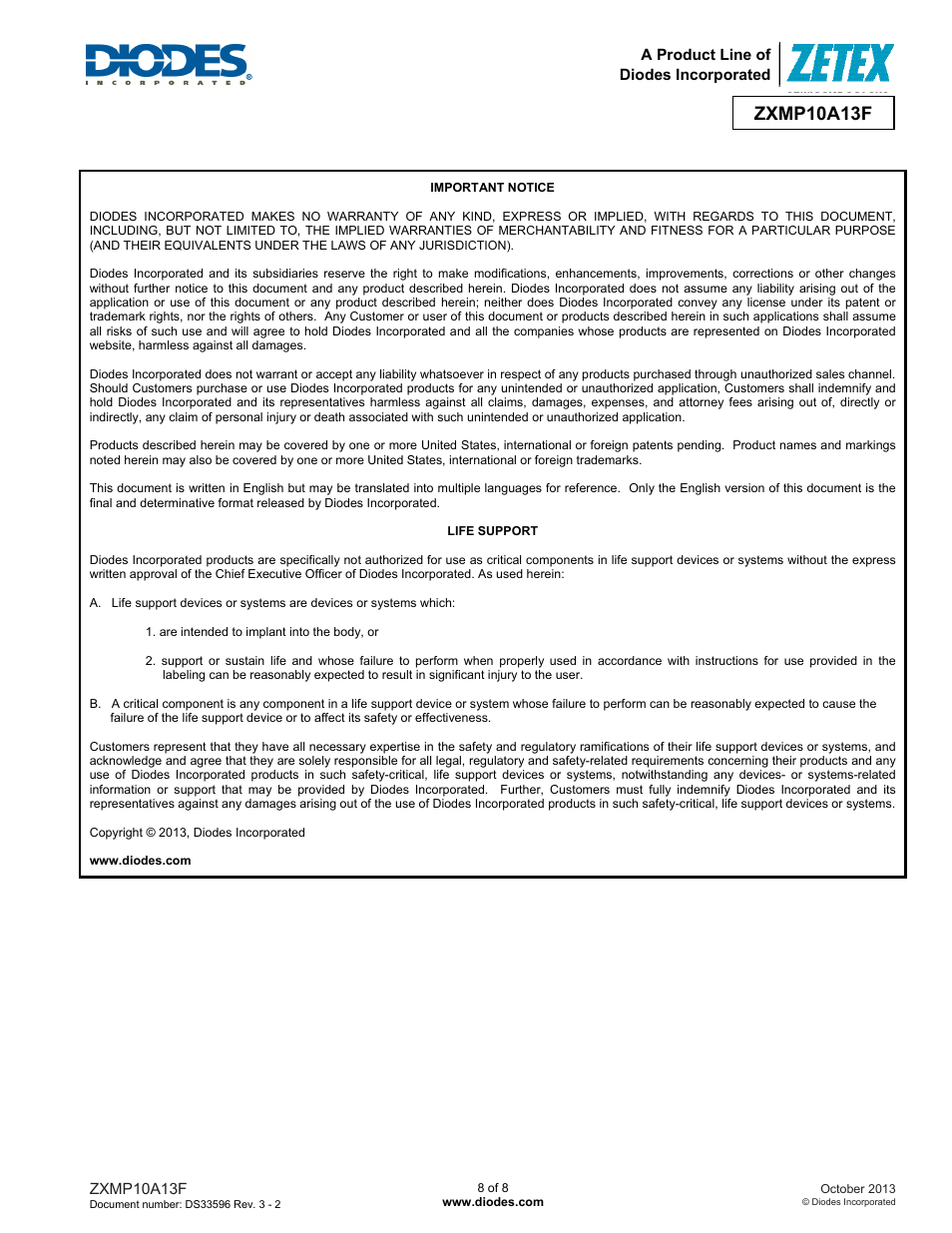 Zxmp10a13f | Diodes ZXMP10A13F User Manual | Page 8 / 8