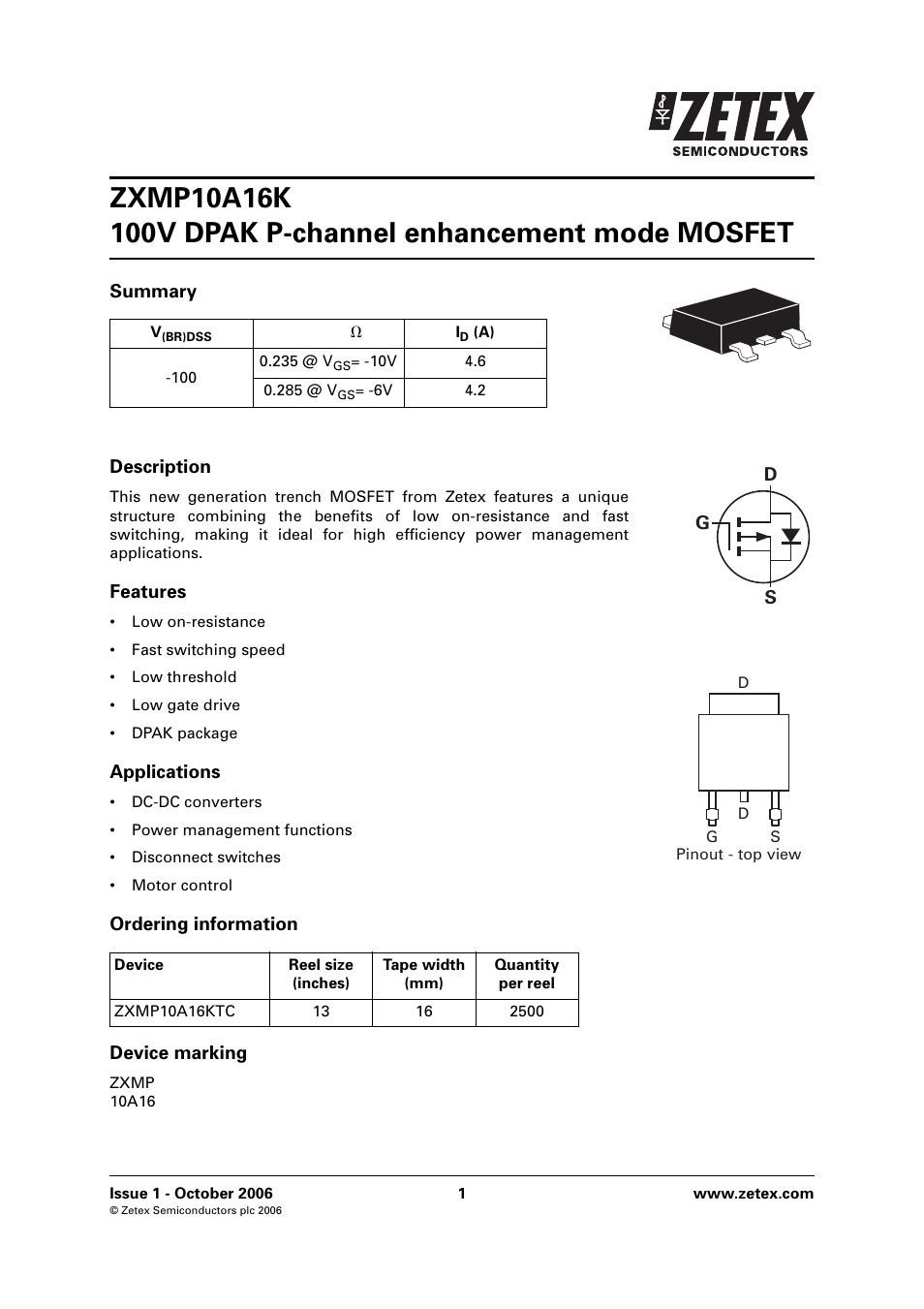 Diodes ZXMP10A16K User Manual | 8 pages