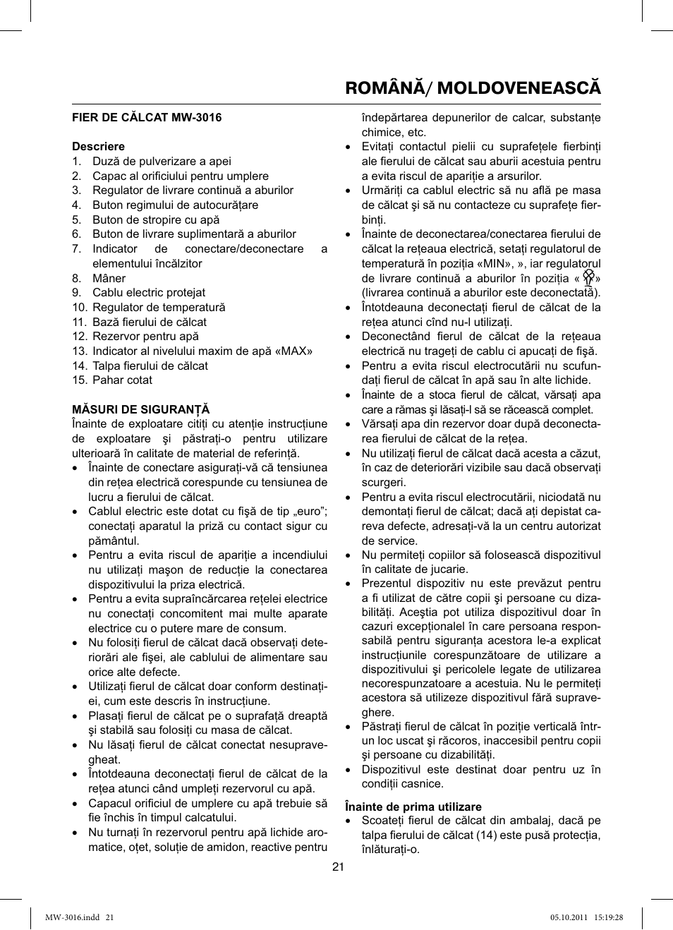 Română/ moldovenească | MAXWELL MW-3016 W User Manual | Page 21 / 42